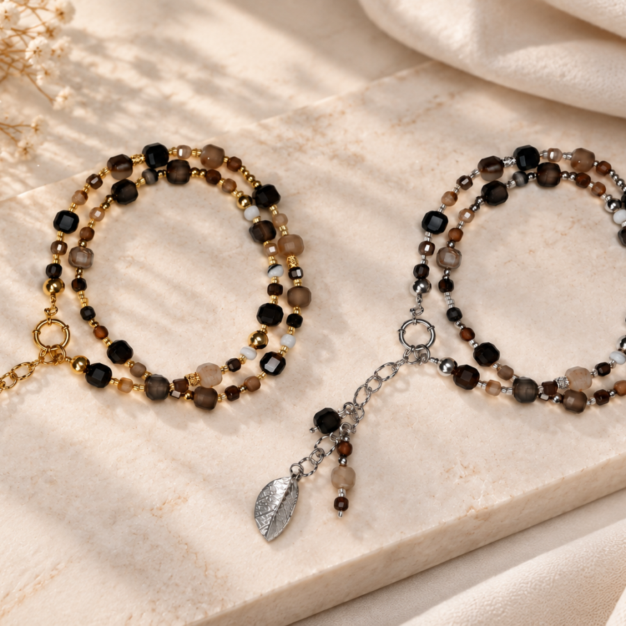 agaat ketting met blad goud zilver
