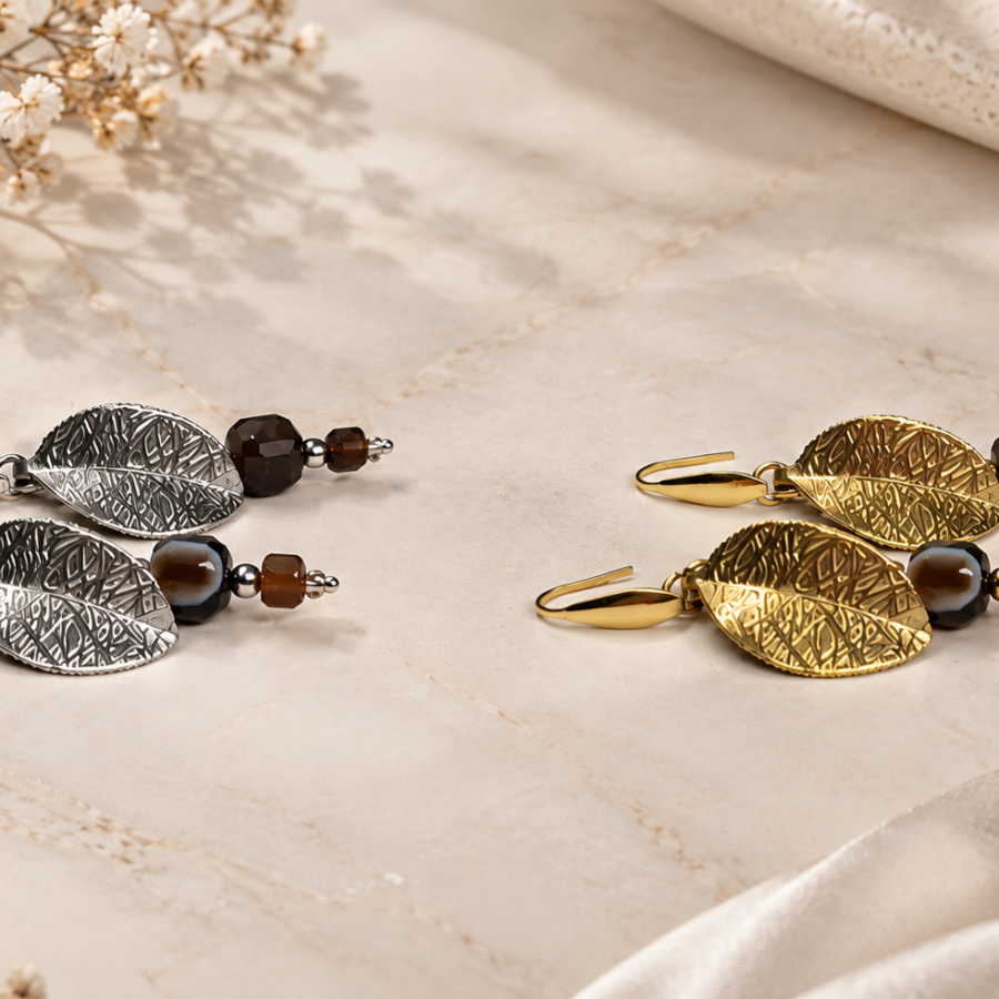 agaat oorbellen met blad goud zilver