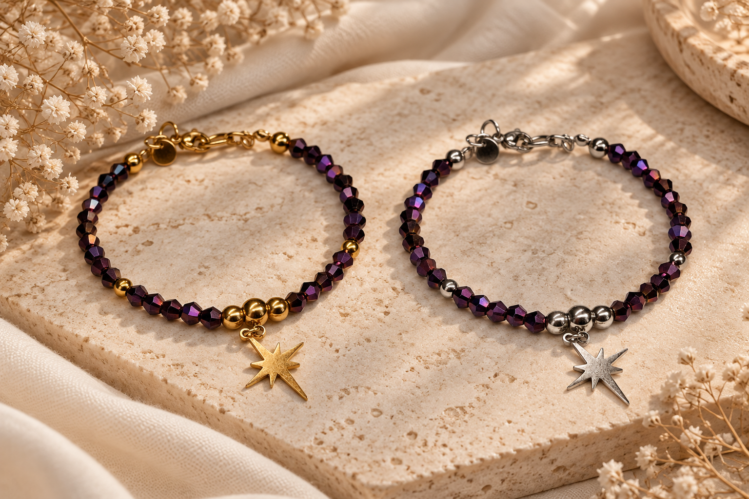 maan ster armband met paars glaskristal goud zilver maan ster armband met paars glaskristal goud zilver