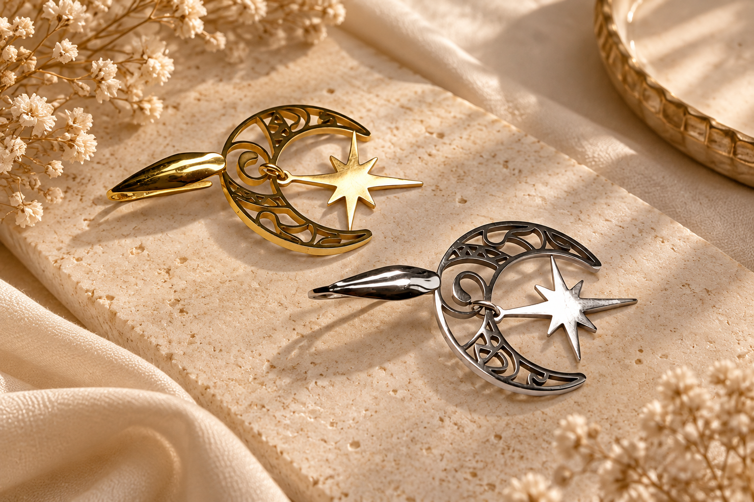 maan ster oorbellen met paars glaskristal goud zilver maan ster oorbellen met paars glaskristal goud zilver