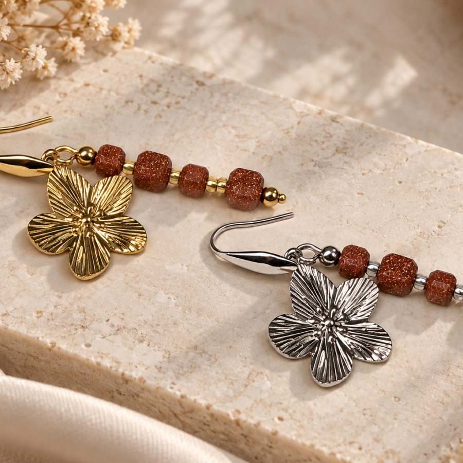 woestijnzand oorbellen met bloem goud zilver