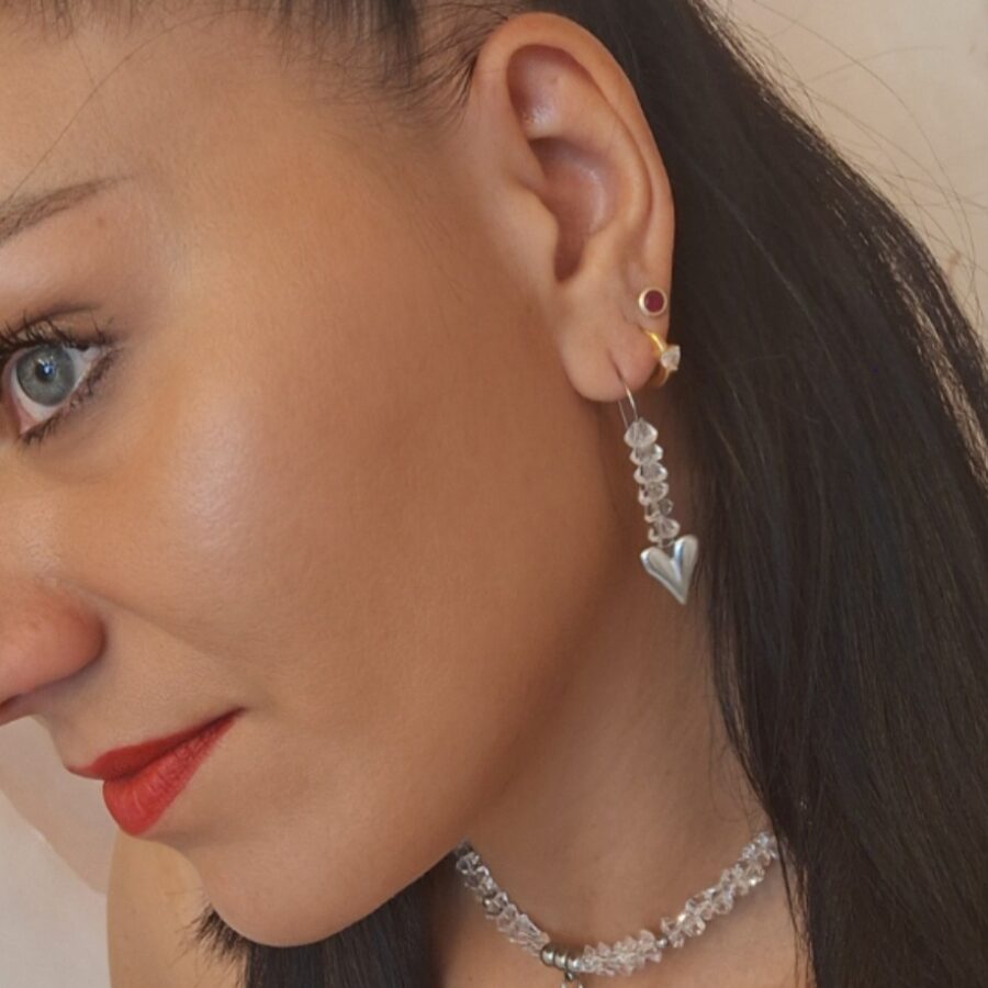 zilveren oorbellen en ketting met geslepen kristallen en hart (316l)