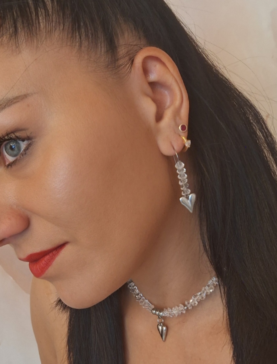 zilveren oorbellen en ketting met geslepen kristallen en hart (316l) zilveren oorbellen en ketting met geslepen kristallen en hart (316l)