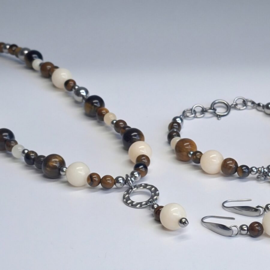 zilveren set met tijgeroog en angeliet