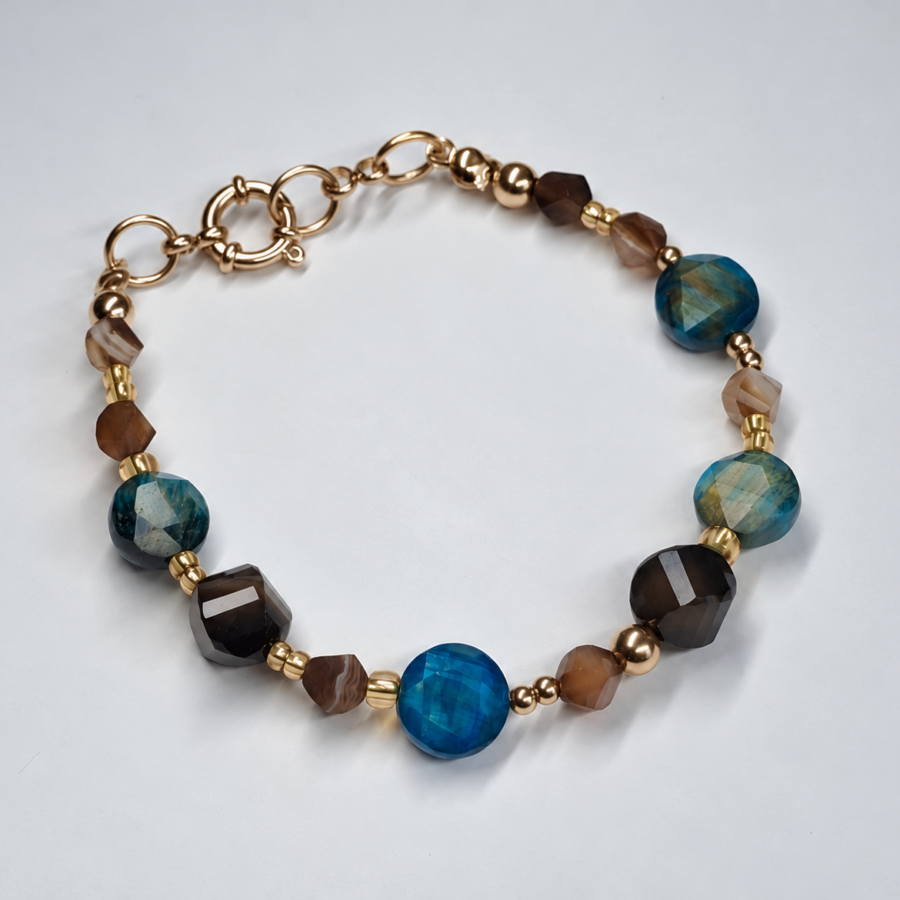blauw tijgeroog bruine agaat armband goud